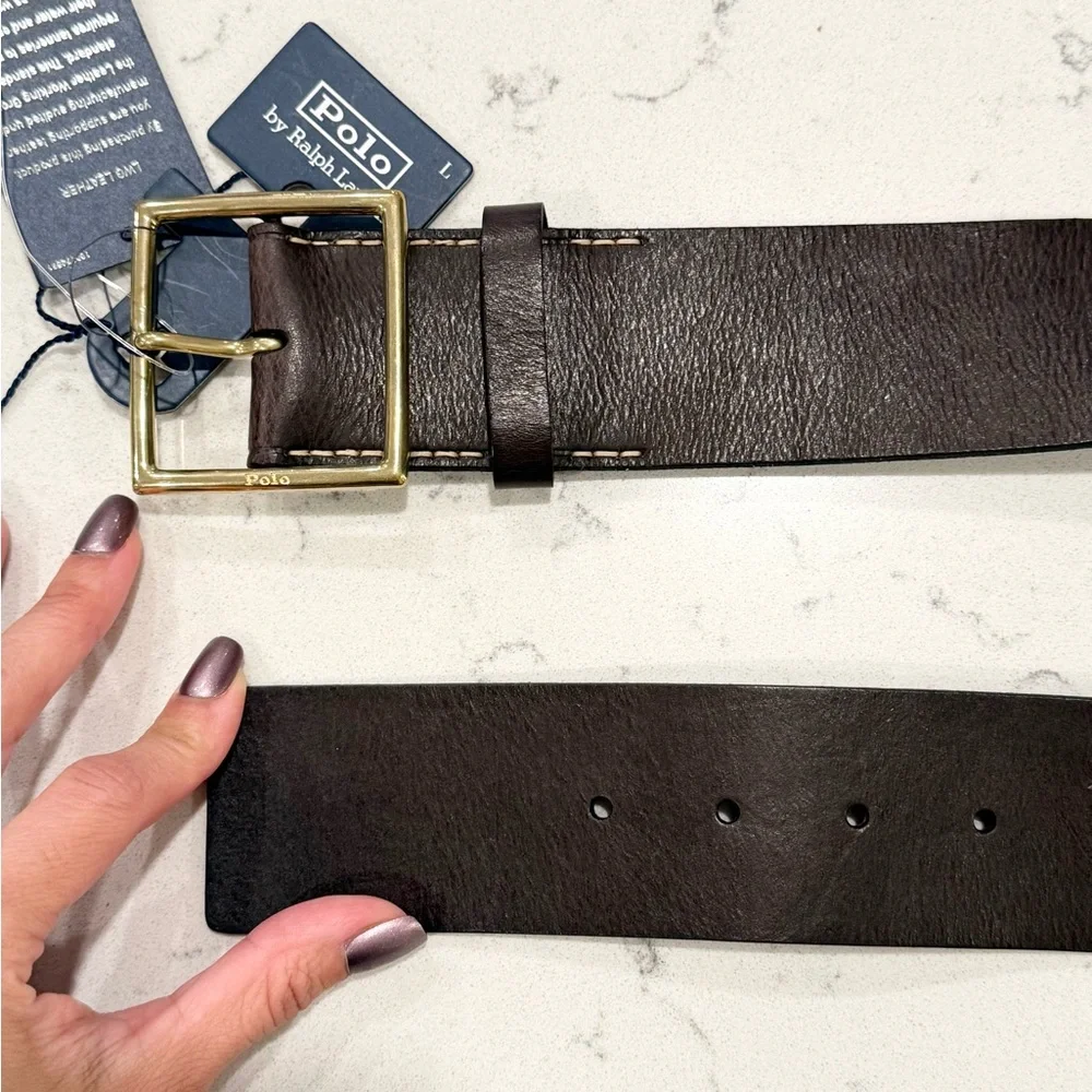 POLO Ralph Lauren Brown Vachetta Leather Square-Buckle Wide Belt, Size Large